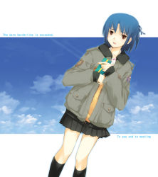 Rule 34 | 1girl, blue hair, brown eyes, cloud, dasoku sentarou, day, english text, engrish text, gift, holding, holding gift, jacket, kneehighs, open mouth, original, pleated skirt, ranguage, skirt, sky, socks, solo, valentine