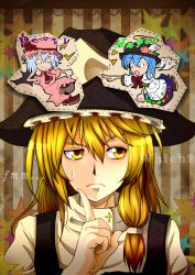 Rule 34 | 3girls, ;d, angel wings, bat wings, blonde hair, blue hair, bow, braid, cross, detached wings, english text, female focus, food, frown, fruit, grin, halo, hat, hat ribbon, hinanawi tenshi, kirisame marisa, long hair, mini wings, multiple girls, one eye closed, open mouth, pandora-ex, peach, pointing, remilia scarlet, ribbon, shoes, short hair, side braid, smile, star (symbol), sweat, thinking, touhou, wings, witch, witch hat, yellow eyes