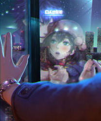 Rule 34 | 1boy, 1girl, against glass, aqua eyes, black hair, blue hair, blurry, blush, building, buttons, chromatic aberration, city, closed eyes, commentary request, couple, depth of field, glass, hair between eyes, hat, hetero, highres, hug, hug from behind, long hair, long sleeves, night, night sky, open mouth, original, pom pom (clothes), reflection, scarf, shoichi (ekakijin), sky, skyscraper, star (sky), translation request, upper body, watch, wristwatch