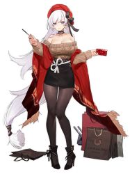 Rule 34 | 1girl, aran sweater, azur lane, bag, bare shoulders, belfast (azur lane), belfast (shopping with the head maid) (azur lane), beret, black footwear, black skirt, bow, breasts, brown pantyhose, brown sweater, cable knit, choker, cleavage, collarbone, earrings, fringe trim, full body, gebijiade 89, hair bow, hat, high-waist skirt, high heels, holding, hoop earrings, jewelry, large breasts, long hair, long sleeves, looking at viewer, low-tied long hair, miniskirt, nail polish, off-shoulder sweater, off shoulder, official alternate costume, official art, pantyhose, pencil skirt, purple eyes, red hat, shawl, shopping bag, skirt, smile, solo, standing, sweater, transparent background, turret, very long hair, white hair