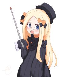 Rule 34 | 1girl, :d, abigail williams (fate), black bow, black dress, black hat, blonde hair, blue eyes, blush, bow, commentary request, dress, fate/grand order, fate (series), forehead, glasses, hair bow, hat, highres, holding, kujou karasuma, long hair, long sleeves, open mouth, orange bow, parted bangs, pointer, signature, simple background, sleeves past fingers, sleeves past wrists, smile, solo, very long hair, white background