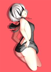 Rule 34 | 1girl, 2b (nier:automata), :o, artist name, ass, back, backless dress, backless outfit, bare back, bare shoulders, black dress, black hairband, black sweater, blindfold, breasts, butt crack, clothes pull, covered erect nipples, covered eyes, cropped legs, drawstring, dress, female focus, from behind, hairband, halterneck, kiyasuriin, legs together, looking at viewer, looking back, medium breasts, meme attire, naked sweater, nier:automata, nier (series), no bra, no mole, no panties, pink lips, red background, ribbed sweater, round teeth, short hair, simple background, sleeveless, sleeveless turtleneck, solo, sweater, sweater dress, sweater pull, teeth, turtleneck, turtleneck sweater, virgin killer sweater, white hair