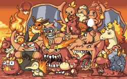 Rule 34 | beak, castform, castform (sunny), charizard, charmander, chikorita, cloud, colored sclera, creature, creatures (company), cyndaquil, darmanitan, darmanitan (standard), darumaka, closed eyes, fire, flame-tipped tail, flareon, game freak, gen 1 pokemon, gen 2 pokemon, gen 3 pokemon, gen 4 pokemon, gen 5 pokemon, growlithe, ho-oh, horns, legendary pokemon, magby, magcargo, moltres, monferno, multiple tails, nintendo, no humans, open mouth, pansear, paul robertson, pignite, pixel art, pokemon, pokemon (creature), rapidash, red eyes, red theme, sharp teeth, single horn, sitting, sitting on head, sitting on person, slugma, tail, teeth, tepig, torchic, vulpix, wings, yellow sclera
