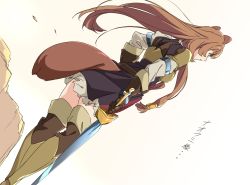 Rule 34 | 1girl, animal ears, brown gloves, brown hair, brown thighhighs, commentary request, from behind, gloves, holding, holding sword, holding weapon, long hair, raccoon ears, raccoon girl, raccoon tail, raphtalia, solo, standing, sword, tail, tate no yuusha no nariagari, thighhighs, umanosuke, weapon