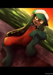 Rule 34 | 1girl, colored sclera, female focus, fusion, green hair, highres, inkling player character, letterboxed, nintendo, open mouth, red eyes, runapiero, salmonid, signature, smile, solo, splatoon (series), splatoon 2, tagme, teeth, yellow sclera
