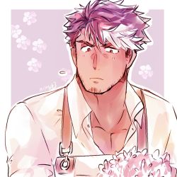 Rule 34 | 1boy, apron, bouquet, cherry blossoms, facial hair, flower, hair between eyes, lilac (live a hero), live a hero, looking down, male focus, multicolored hair, pectoral cleavage, pectorals, shirt, short hair, simple background, solo, stubble, taki (1904), thick eyebrows