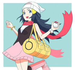 Rule 34 | 1girl, :d, absurdres, bag, beanie, black hair, blue eyes, boots, border, bracelet, creatures (company), dawn (pokemon), duffel bag, eyelashes, floating scarf, game freak, green background, hat, highres, holding, holding poke ball, jewelry, kneehighs, long hair, nintendo, open mouth, pink footwear, pink scarf, pink skirt, poke ball, poke ball (basic), pokemon, pokemon dppt, poketch, rii (mrhc7482), scarf, shirt, skirt, sleeveless, sleeveless shirt, smile, socks, solo, teeth, upper teeth only, w arms, watch, white border, white hat, wristwatch, yellow bag