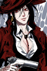 Rule 34 | 1girl, alucard (hellsing), black hair, breasts, cleavage, coat, earrings, formal, genderswap, genderswap (mtf), gloves, gun, handgun, hat, hellsing, hellsing arms .454 casull auto, insignia, jewelry, long hair, medium breasts, necklace, non-web source, oekaki, open collar, overcoat, pistol, red coat, red eyes, red hat, solo, suit, vampire, weapon, white gloves