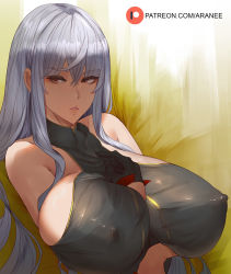 Rule 34 | 1girl, araneesama, arm between breasts, bare shoulders, between breasts, black gloves, breasts, covered erect nipples, gloves, huge breasts, long hair, looking to the side, military, military uniform, red eyes, selvaria bles, senjou no valkyria, senjou no valkyria (series), senjou no valkyria 1, sidelocks, solo, uniform