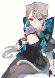 Rule 34 | animal ears, aqua bow, black gloves, black leotard, black pantyhose, blue outline, bow, breasts, cat ears, cat girl, cat tail, cleavage, collarbone, cowboy shot, cup, dot mouth, facial mark, facial tattoo, frilled leotard, frills, genshin impact, gloves, grey hair, hand on ground, highres, holding, holding cup, huge bow, juliet sleeves, knees up, leotard, long hair, long sleeves, looking at viewer, lynette (genshin impact), medium breasts, miniskirt, outline, palwoli1, pantyhose, puffy sleeves, purple eyes, shrug (clothing), simple background, sitting, skirt, star (symbol), star facial mark, star tattoo, tail, tattoo, tea, two-tone gloves, white background, white gloves