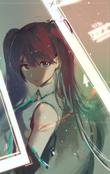 Rule 34 | 1girl, bare shoulders, black hair, blue eyes, blue hair, blue necktie, closed mouth, collared shirt, from side, grey shirt, hatsune miku, highres, hoojiro, long hair, long sleeves, looking at viewer, looking to the side, multicolored hair, necktie, shirt, signature, sleeveless, sleeveless shirt, solo, streaked hair, twintails, vocaloid, wide sleeves, wing collar