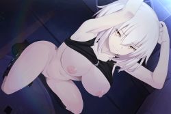 Rule 34 | 1girl, animated, animated gif, armpits, arms up, black tank top, boots, bottomless, breasts, cleft of venus, clothes lift, dutch angle, eyes visible through hair, fate/grand order, fate (series), female focus, from above, grin, hair between eyes, huge filesize, indoors, jeanne d&#039;arc (fate), jeanne d&#039;arc alter (avenger) (fate), jeanne d&#039;arc alter (fate), large breasts, looking at viewer, looping animation, medium hair, navel, nipples, no bra, no panties, pussy, shirt lift, smile, sollyz, solo, source request, spread legs, squatting, tank top, tsurime, uncensored, white hair, yellow eyes