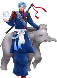 Rule 34 | 1boy, armor, artist request, blue eyes, blue hair, check commentary, commentary request, earrings, elephant, gem, hand on animal, indian elephant, japanese armor, japanese clothes, jewelry, katana, male focus, moon, necklace, obi, open mouth, pearl (gemstone), personification, red ribbon, ribbon, samurai, sash, scabbard, sheath, sheathed, sword, transparent background, weapon, world flags
