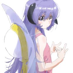 Rule 34 | 1girl, bare shoulders, blush, closed mouth, clothing request, hair between eyes, hanyuu, hat, hat on back, higurashi no naku koro ni, horns, large hat, long hair, looking at viewer, looking back, minoo chi, purple hair, simple background, smile, solo, standing, upper body, white background