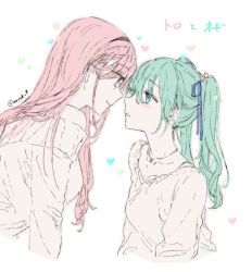 Rule 34 | 2girls, aqua hair, blue eyes, blue ribbon, blush, collarbone, commentary request, cropped torso, eye contact, hair between eyes, hair ribbon, hairband, hatsune miku, heart, highres, jewelry, long hair, looking at another, megurine luka, multiple girls, muromaki, necklace, off shoulder, parted lips, pink hair, project sekai, redrawn, ribbon, sidelocks, sweater, translation request, twintails, twitter username, upper body, vocaloid, white sweater, yuri