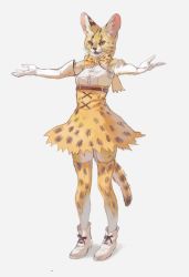 Rule 34 | 10s, 1girl, :3, :d, animal ears, animal head, ankle boots, boots, bow, bowtie, elbow gloves, full body, furrification, furry, furry female, gloves, grey background, high-waist skirt, kemono friends, open mouth, orange bow, orange bowtie, orange skirt, orange thighhighs, outstretched arms, serval, serval (kemono friends), serval print, serval tail, shirt, simple background, skirt, sleeveless, sleeveless shirt, smile, solo, spread arms, standing, tail, thighhighs, tunapon01, white footwear, white gloves, white shirt