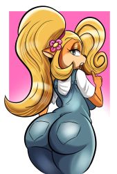 Rule 34 | 1girl, absurdres, ass, backboob, blonde hair, breasts, coco bandicoot, crash bandicoot (series), doeswhatever, flower, from behind, green eyes, hair flower, hair ornament, highres, huge ass, large breasts, long hair, looking at viewer, looking back, open mouth, overalls, ponytail, shiny clothes, solo, tongue