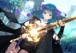 Rule 34 | 1girl, armor, artist name, black shorts, blue eyes, blue hair, byleth (female) (fire emblem), byleth (fire emblem), closed mouth, clothing cutout, dated, fire emblem, fire emblem: three houses, flower, hair flower, hair ornament, heroes relic (fire emblem), holding, holding sword, holding weapon, kero sweet, navel cutout, nintendo, pantyhose, short shorts, shorts, solo, sword, sword of the creator, weapon