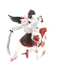 Rule 34 | 2girls, absurdres, animal ears, back-to-back, bare shoulders, bird wings, black hair, black skirt, black wings, chinese commentary, clipboard, closed mouth, commentary request, detached sleeves, feathered wings, frilled skirt, frills, full body, geta, hat, highres, holding, holding clipboard, holding shield, holding sword, holding weapon, inubashiri momiji, kanghan kang yanjian, leaf, leaf print, long sleeves, maple leaf, maple leaf print, medium skirt, miniskirt, multiple girls, open mouth, paper, pointy ears, pom pom (clothes), puffy short sleeves, puffy sleeves, red eyes, red footwear, red headwear, red skirt, sandals, shameimaru aya, shield, shirt, short sleeves, simple background, skirt, sleeveless, sleeveless shirt, smile, socks, sword, tabi, tail, tengu-geta, tokin hat, touhou, turtleneck, weapon, white background, white shirt, white sleeves, white socks, wings, wolf ears, wolf tail, zouri