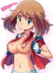 Rule 34 | 1girl, blue eyes, breasts, breasts out, brown hair, creatures (company), game freak, highres, large breasts, looking at viewer, may (pokemon), nintendo, nipples, pokemoa, pokemon, pokemon (anime), pokemon rse (anime), resized, shiny skin, solo, stomach, upscaled