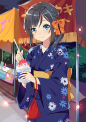 Rule 34 | 1girl, bad id, bad pixiv id, bag, black hair, blue eyes, bow, floral print, food, hair bow, japanese clothes, kimono, looking at viewer, market stall, moe2018, orange bow, original, shaved ice, smile, solo, spoon, standing, wide sleeves, yuikosoba, yukata