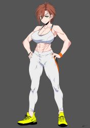 Rule 34 | 1girl, abs, absurdres, breasts, brown hair, cleavage, hands on own hips, highres, idolmaster, idolmaster cinderella girls, kiba manami, large breasts, midriff, muscular, muscular female, nike (company), pants, shoes, short hair, simple background, sneakers, solo, sports bra, tavor (m tavor), wristband, yoga pants