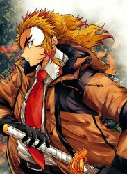 Rule 34 | 1boy, alternate costume, black gloves, blonde hair, closed mouth, coat, collared shirt, from side, gloves, holding, holding sword, holding weapon, hood, hood down, hooded coat, kimetsu no yaiba, multicolored hair, necktie, open clothes, open coat, orange coat, profile, red hair, red necktie, rengoku kyoujurou, sayu090200, shirt, solo, spiked hair, sword, two-tone hair, weapon, white shirt, wing collar, yellow eyes
