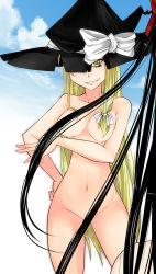Rule 34 | 1girl, aoshima, blonde hair, breasts, censored, convenient censoring, female focus, grin, groin, hakurei reimu, hat, hat over one eye, highres, kirisame marisa, long hair, navel, nude, one eye covered, smile, solo, touhou, very long hair, yellow eyes
