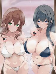 Rule 34 | 2girls, agano (kancolle), bikini, black bikini, black hair, blue eyes, braid, breasts, brown hair, cameltoe, cleavage, cleft of venus, commentary request, cup size, from above, gluteal fold, green eyes, hanchou (shirokun555), highres, kantai collection, large breasts, long hair, looking at viewer, measurements, multiple girls, navel, noshiro (kancolle), swimsuit, upper body, white bikini
