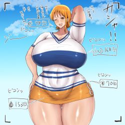 Rule 34 | 1girl, breasts, female focus, highres, huge breasts, large breasts, nami (one piece), one eye closed, one piece, open mouth, orange hair, short hair, solo, tagme, text focus, thick thighs, thighs, wide hips, yosin