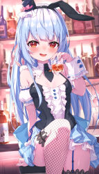 Rule 34 | 1girl, :d, absurdres, animal ears, bare shoulders, black hairband, black headwear, black leotard, blue hair, blue skirt, blush, bottle, breasts, commentary request, cup, detached sleeves, drink, drinking glass, fake animal ears, fishnet thighhighs, fishnets, frilled leotard, frills, garter straps, hairband, hand up, hat, highres, holding, holding cup, hololive, indoors, knee up, leotard, long hair, looking at viewer, masaki (msk064), mini hat, mini top hat, open mouth, pleated skirt, puffy short sleeves, puffy sleeves, rabbit ears, red eyes, short eyebrows, short sleeves, skirt, small breasts, smile, solo, thick eyebrows, thighhighs, top hat, usada pekora, usada pekora (furi furi bunny dress), very long hair, virtual youtuber, white sleeves, wrist cuffs