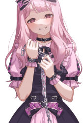 Rule 34 | 1girl, absurdres, black bow, black bowtie, black choker, black dress, bow, bowtie, chain, choker, commentary, cowboy shot, dress, frilled shirt, frills, hair bow, head tilt, heart, highres, holding, holding chain, idolmaster, idolmaster million live!, jirai kei, long hair, looking at viewer, mimizubare, miyao miya, official alternate costume, official alternate hair color, pink bow, pink eyes, pink hair, pink shirt, shirt, sidelocks, simple background, smile, solo, two-tone bow, wavy hair, white background, wrist cuffs