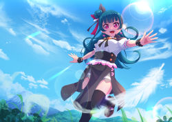 Rule 34 | 1girl, :d, absurdres, black skirt, black thighhighs, blouse, blue hair, blunt bangs, breasts, commentary, dark blue hair, day, earrings, eyelashes, falling feathers, feather hair ornament, feathers, genjitsu no yohane, grey skirt, hair bun, hair ornament, heart, heart earrings, high-waist skirt, highres, jewelry, layered skirt, lens flare, looking at viewer, love live!, love live! sunshine!!, medium breasts, medium skirt, open mouth, outdoors, outstretched arms, pink eyes, puffy short sleeves, puffy sleeves, senkun, shirt, short sleeves, side slit, sidelighting, single side bun, skirt, smile, solo, sun, teeth, thighhighs, tongue, tsushima yoshiko, upper teeth only, white shirt, yohane (genjitsu no yohane), zettai ryouiki
