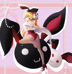 Rule 34 | 1girl, :3, absurdres, animal ears, asa ni haru, ass, blonde hair, bow, rabbit ears, rabbit tail, dice hair ornament, elsword, eve (elsword), facial mark, fake animal ears, fake tail, fishnet pantyhose, fishnets, forehead jewel, from behind, hair ornament, high heels, highres, leotard, looking back, pantyhose, pout, red leotard, single shoe, solo, tail, yellow eyes