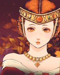 Rule 34 | 1girl, bare shoulders, beads, berserk, brown hair, charlotte (berserk), collarbone, hair ornament, jewelry, leaf, lips, looking at breasts, necklace, nisino2222, open mouth, orange eyes, out of frame, parted lips, princess, solo
