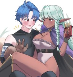 1boy 1girl alain_(unicorn_overlord) aqua_hair belt black_belt black_cape black_footwear black_shirt blue_hair blush boots braid breasts brown_gloves cape cleavage commentary dark-skinned_female dark_elf dark_skin elf english_commentary food food_between_breasts gloves heart hetero highleg highleg_leotard highres juneplums large_breasts leotard long_hair looking_at_another pocky pocky_day pointy_ears purple_cape red_eyes rosalinde_(unicorn_overlord) shirt short_hair sitting sitting_on_lap sitting_on_person sleeveless sleeveless_shirt smile strapless strapless_leotard sweat thighs twin_braids two-tone_cape unicorn_overlord white_leotard