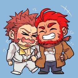 Rule 34 | &gt; &lt;, 2boys, ^ ^, alternate costume, atis (barareiner), bara, beard, belt, blue eyes, blush, brown belt, brown coat, brown hair, chibi, closed eyes, coat, commission, couple, cross scar, denim, facial hair, fate/grand order, fate (series), formal, full body, goatee, heads together, iskandar (fate), jacket, jeans, ladies &amp; gentlemen (fate/grand order), locked arms, long sideburns, male focus, mature male, multiple boys, muscular, muscular male, napoleon bonaparte (fate), pants, pectoral cleavage, pectorals, red eyes, red hair, red scarf, scar, scar on chest, scarf, second-party source, shirt, short hair, sideburns, smile, suit, t-shirt, white jacket, white shirt, yaoi, yellow scarf