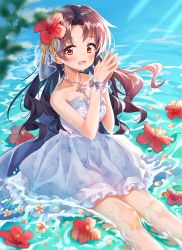 Rule 34 | 1girl, :d, bare shoulders, black hair, blurry, blurry foreground, blush, brown flower, chobi (penguin paradise), commentary request, day, depth of field, dress, feet out of frame, flower, flower on liquid, frilled dress, frills, hands up, highres, idolmaster, idolmaster million live!, looking at viewer, open mouth, outdoors, parted bangs, petals, petals on liquid, red eyes, red flower, shallow water, smile, solo, steepled fingers, strapless, strapless dress, takayama sayoko, water, white dress, wrist cuffs