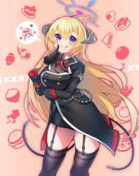 Rule 34 | 1girl, akari (blue archive), arm under breasts, baniran dorosu, black coat, black gloves, black thighhighs, blonde hair, blue archive, blue eyes, closed mouth, coat, gloves, halo, highres, horns, long hair, long sleeves, looking at viewer, military, military uniform, pink background, smile, solo, thighhighs, tongue, tongue out, uniform