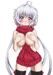 Rule 34 | 1girl, ahoge, black thighhighs, breasts, breasts out, closed mouth, covering privates, covering breasts, eyebrows hidden by hair, fujikawa daichi, hair ornament, hair scrunchie, large breasts, long hair, looking at viewer, no bra, purple eyes, red sweater, scrunchie, senki zesshou symphogear, simple background, solo, sweater, thighhighs, twintails, white background, white hair, yukine chris