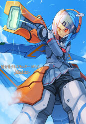 Rule 34 | 1girl, android, arm cannon, assault visor, blue hair, cloud, commission, hand on own arm, highres, joints, lc butter, mechanical hair, orange eyes, original, robot joints, science fiction, skeb commission, skirt, smile, solo, weapon