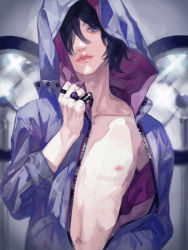 Rule 34 | 1boy, bare pectorals, black hair, blue eyes, drawr, hair over one eye, hood, hood up, hooded jacket, jacket, jewelry, lips, male focus, nishihara isao, open clothes, open jacket, original, pectorals, ring, shadow, short hair, solo
