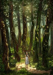 Rule 34 | 1girl, absurdres, bare arms, bare legs, bush, closed mouth, commentary, crown, dappled sunlight, day, dress, english commentary, forest, full body, grass, highres, holding, holding staff, moss, myango (applemangocrape), nature, original, outdoors, sleeveless, sleeveless dress, solo, staff, sunlight, tree, white dress