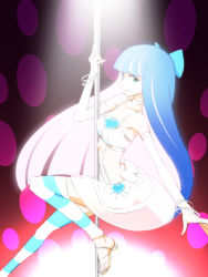 Rule 34 | 10s, 1girl, alternate costume, artist request, bad anatomy, bow, bracelet, colored inner hair, dress, green eyes, heart, high heels, jewelry, lots of jewelry, multicolored hair, panty &amp; stocking with garterbelt, pole, pole dancing, sandals, shoes, smoking grass, solo, stocking (psg), striped clothes, striped thighhighs, stripper, stripper pole, thighhighs, two-tone hair