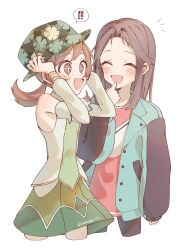 Rule 34 | !, + +, 2girls, :d, blush, borrowed clothes, brown eyes, brown hair, buttons, closed eyes, commentary request, creatures (company), detached sleeves, excited, game freak, green jacket, hand up, highres, jacket, leaf (pokemon), leaf (sygna suit) (pokemon), leggings, long hair, long sleeves, lyra (pokemon), lyra (sygna suit) (pokemon), multiple girls, nintendo, notice lines, official alternate costume, open clothes, open jacket, open mouth, pink shirt, pokemon, pokemon masters ex, shirt, skirt, smile, spoken exclamation mark, sumeragi1101, twintails