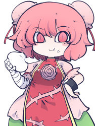 Rule 34 | 1girl, baozi, blush stickers, chahan (fried rice0614), closed mouth, double bun, food, food on face, green skirt, hair bun, highres, holding, holding food, ibaraki kasen, one-hour drawing challenge, pink eyes, pink hair, puffy short sleeves, puffy sleeves, short hair, short sleeves, simple background, skirt, solo, tabard, touhou, upper body, white background