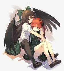Rule 34 | 2girls, alternate eye color, animal ear fluff, animal ears, bare legs, black bow, black footwear, black legwear, black wings, bow, braid, breasts, brown hair, cat ears, commentary, dress, extra ears, falken (yutozin), feathered wings, full body, green bow, green dress, green skirt, grey background, hair between eyes, hair bow, highres, hug, hug from behind, juliet sleeves, kaenbyou rin, knees up, large breasts, long hair, long sleeves, looking at another, mary janes, miniskirt, multiple girls, petticoat, puffy short sleeves, puffy sleeves, red eyes, red hair, reiuji utsuho, shirt, shoes, short sleeves, simple background, sitting, skirt, smile, thighhighs, thighs, touhou, twin braids, twintails, very long hair, white shirt, wings, yellow eyes, yuri
