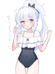 Rule 34 | 1girl, black bow, blue archive, blue one-piece swimsuit, blush, bow, commentary request, covered navel, grey eyes, grey hair, hair bow, halo, highres, long hair, miyako (blue archive), miyako (swimsuit) (blue archive), nyan oe, one-piece swimsuit, ponytail, solo, swimsuit, translation request, wavy mouth