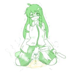 Rule 34 | censored, crying, embarrassed, food, frog, green eyes, green theme, long hair, nervous, peeing, penis, pointless censoring, popsicle, puddle, torn skirt, sad, skirt, tears, testicles, trap, trembling