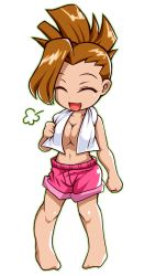 Rule 34 | 1girl, :3, barefoot, breasts, breath, brown hair, character request, cleavage, closed eyes, full body, medium breasts, navel, noise (lesion949), open mouth, outline, pigeon-toed, shorts, simple background, smile, solo, standing, topless, towel, white background